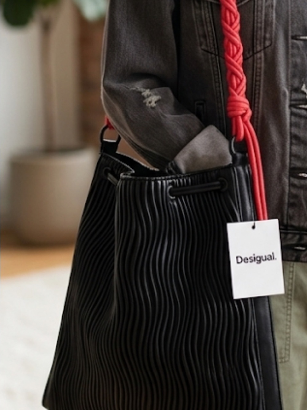 Desigual Black Hobo Bag with Red Braided Cord Strap